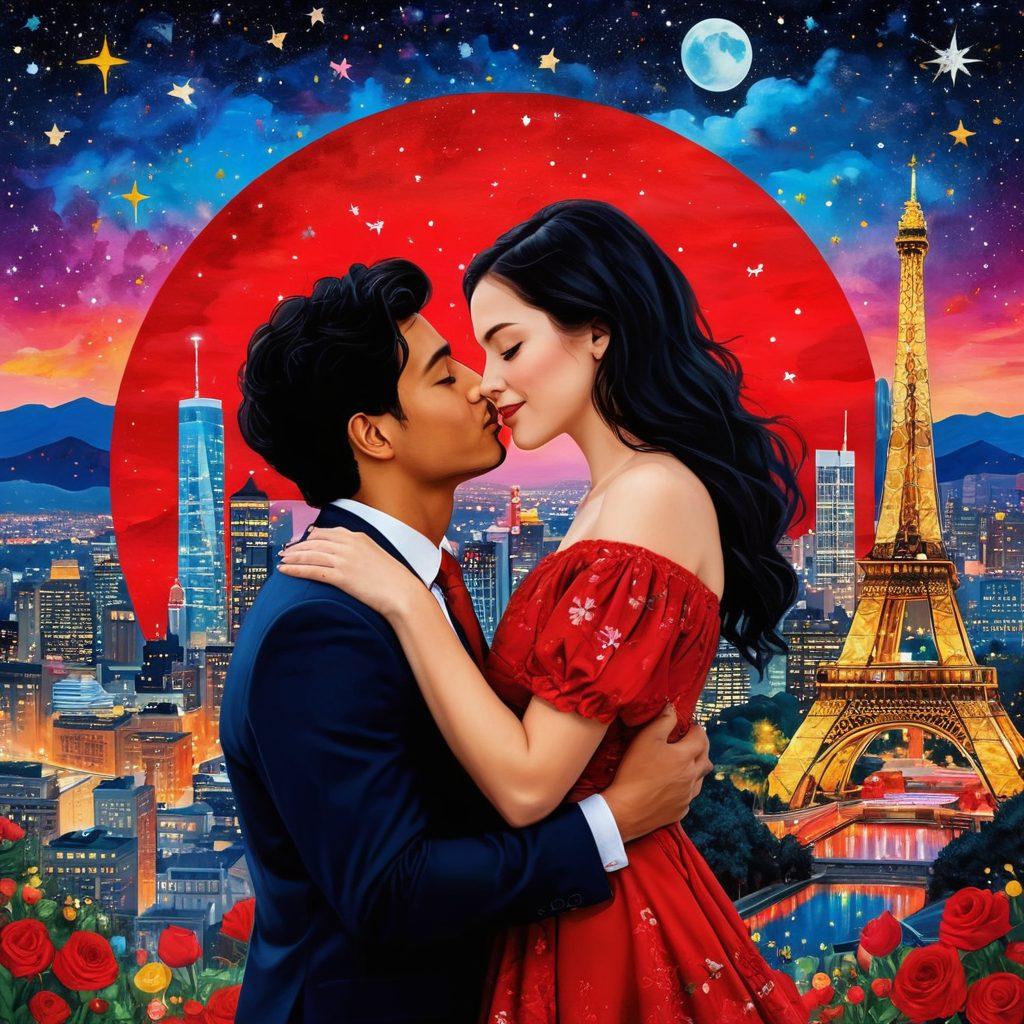 A sensual and vibrant collage depicting diverse couples in romantic settings across different cultures, surrounded by symbols of fame like starry night skies, red carpets, and glittering cityscapes. Emphasize playful flirtation with expressions of joy and connection, incorporating elements such as flowers and hearts. The background should feature hints of global landmarks, representing the essence of world relationships. colorful and lively. mixed media. expressive and artistic.