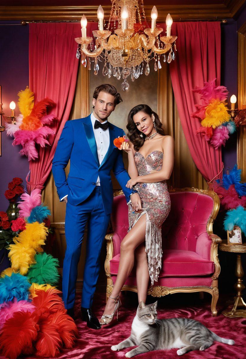 A playful yet sultry scene featuring a glamorous celebrity couple in a whimsical, luxurious room filled with colorful decor. The couple shares a flirtatious moment, surrounded by quirky items symbolizing different kinks, like feather boas, masks, and heart-shaped decor. Add a playful cat watching them, enhancing the light-hearted atmosphere. Use vibrant colors and a dynamic composition to capture the essence of amusement and intimacy. super-realistic. vibrant colors. playful style.