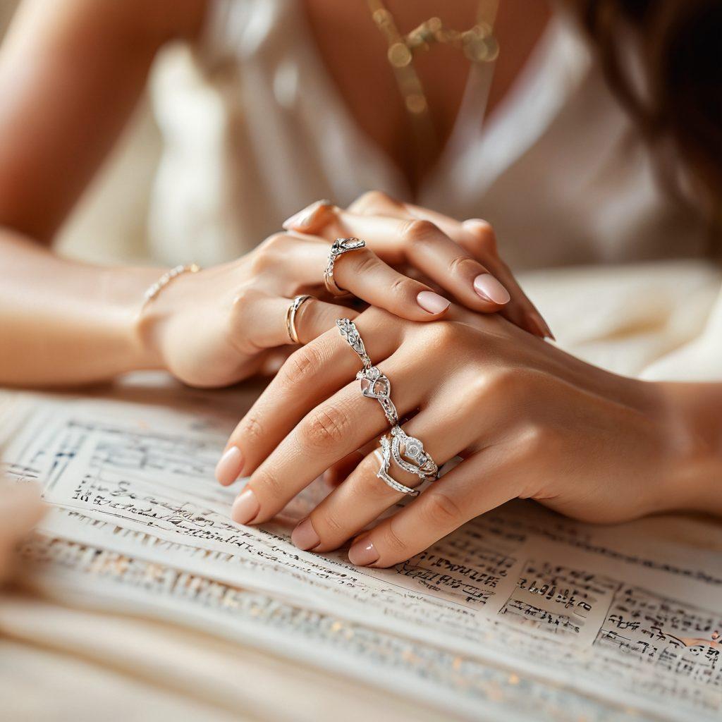 A close-up of intertwined hands adorned with elegant rings, surrounded by soft-focus images of glamorous celebrities in intimate settings, representing warmth and connection. The background features whispered secrets like scattered notes fluttering away. Soft glowing light highlights the scene, enhancing feelings of passion and allure. super-realistic. warm colors. soft focus.
